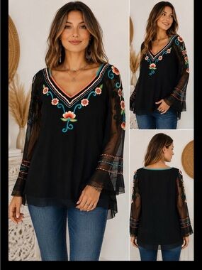 Tunique Boho Embroidered Floral Tunic Top Small